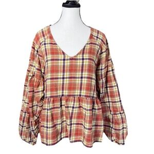 Dip Organic Cotton Flannel Plaid Peplum Long Sleeve Top SZ L Orange  Y2K Grunge